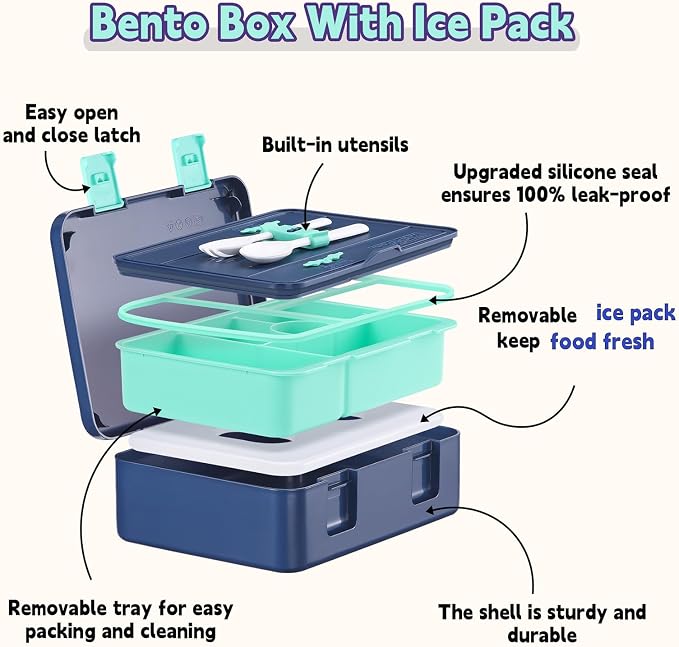 rockpapa Chill Bento Box for Kids- Large 5.5 Cups Lunch Box with Ice Pack - 5 Compartments, BPA-Free, Leak Proof, with Utensils & Portable Handle, Microwave/Dishwasher Safe (Blue Rocket)