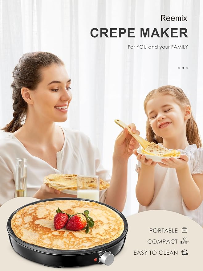 Reemix Crepe Maker Machine, Compact Pancake Griddle | Precise Temperature Control, Nonstick 12” Electric Griddle, Batter Spreader for Eggs, Pancakes, Omelets and Quesadillas