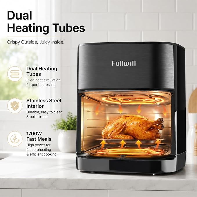 Fullwill 6Qt Air Fryer with Window, Dual Heating, 14-in-1/12 Presets (Wings, Steak, Fries, Pizza), 392°F, 1700W, Nonstick & Dishwasher-Safe Basket, PFOA-Free, Oil-Free Fast Cooking