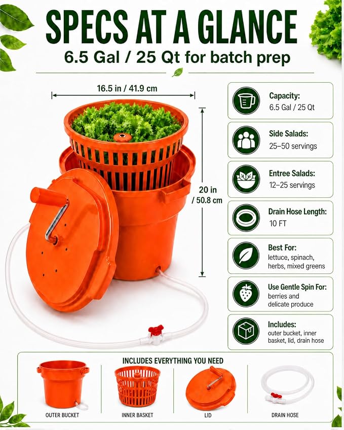Commercial Salad Spinner - 6.5 Gallon Large Capacity Lettuce Dryer | 10 Ft Drain Hose & Stop Valve, 25Qt Manual Vegetable Spinner for Restaurants, Catering and Meal Prep