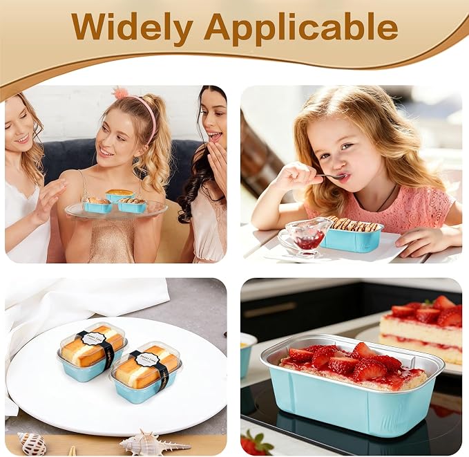 Mini Cake Pans With Lids And Spoons,5.5 oz Rectangle Mini individual Loaf Pans Disposable Aluminum Foil Small Baking Cups Tins (100, Wathet)