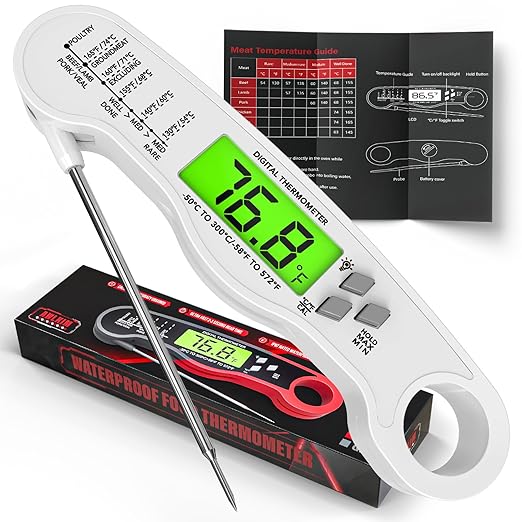 AWLKIM Meat Thermometer Digital, Instant Read Food Thermometer, White | Waterproof cooking thermometer with doneness chart, backlight, F/C switch for BBQ, candy, oil