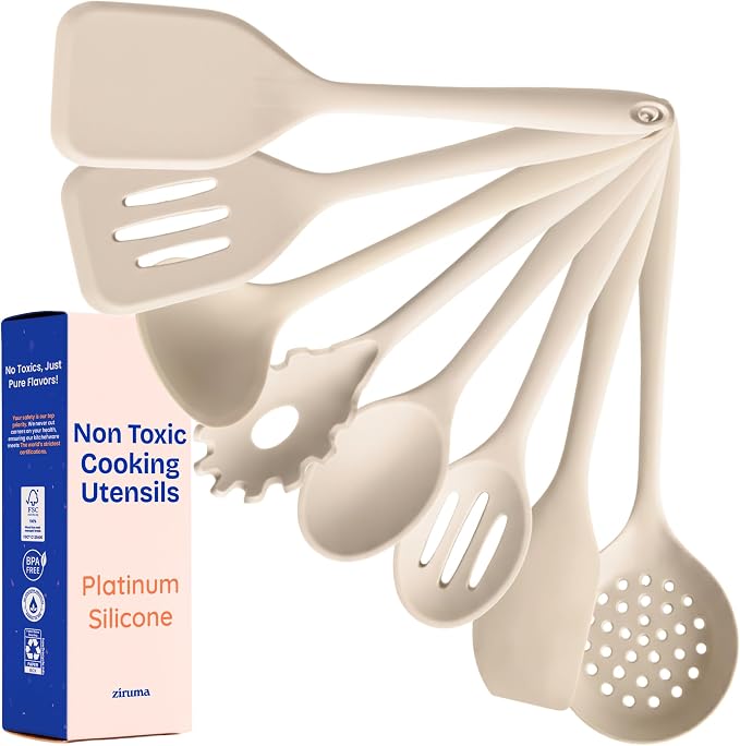NonToxic Platinum Silicone Utensils, 100% Plastic-Free, 8-Pcs, Beige | LFGB-certified platinum silicone. Solid steel core, no hidden plastics. 500°F heat resistant. Non-scratch. Dishwasher safe
