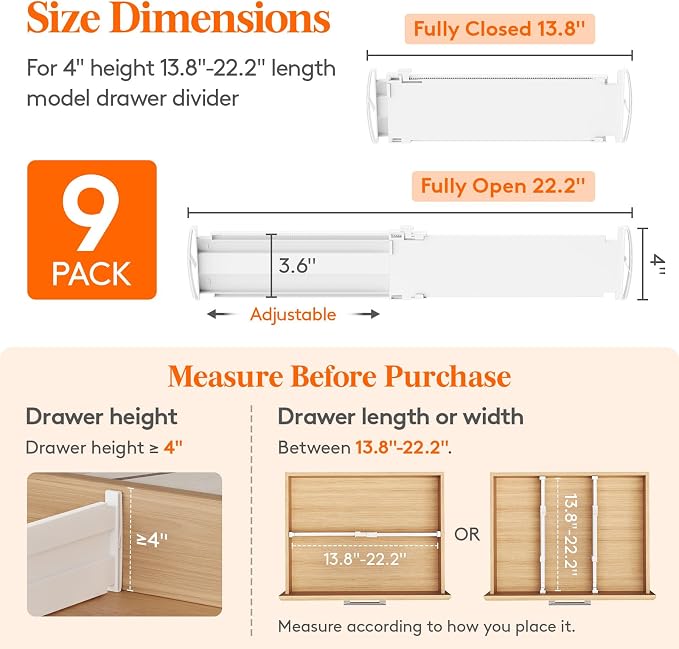 Lifewit 9 Pack 4" High Drawer Dividers, Adjustable Drawer Organizer Clothes | 13.8"-22.2" Expandable White Plastic Separators for Dresser, Kitchen, Cabinet, Nursery, Office, Socks & Underwear Storage