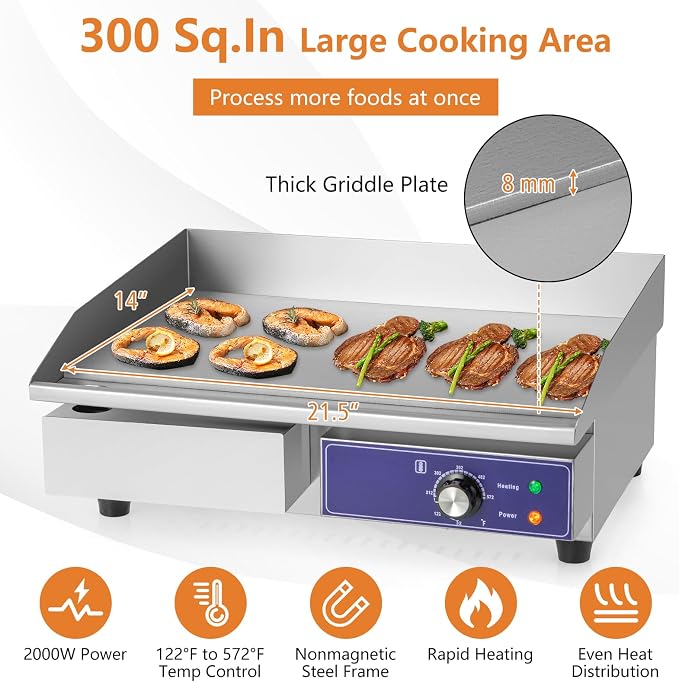 Giantex Commercial Electric Griddle, 22" Flat Top Teppanyaki Grill 2000W | Cast Iron Griddle Plate, Stainless Steel Frame, 122℉-572℉ Adjustable Tempe Control, for Home Kitchen & Restaurant