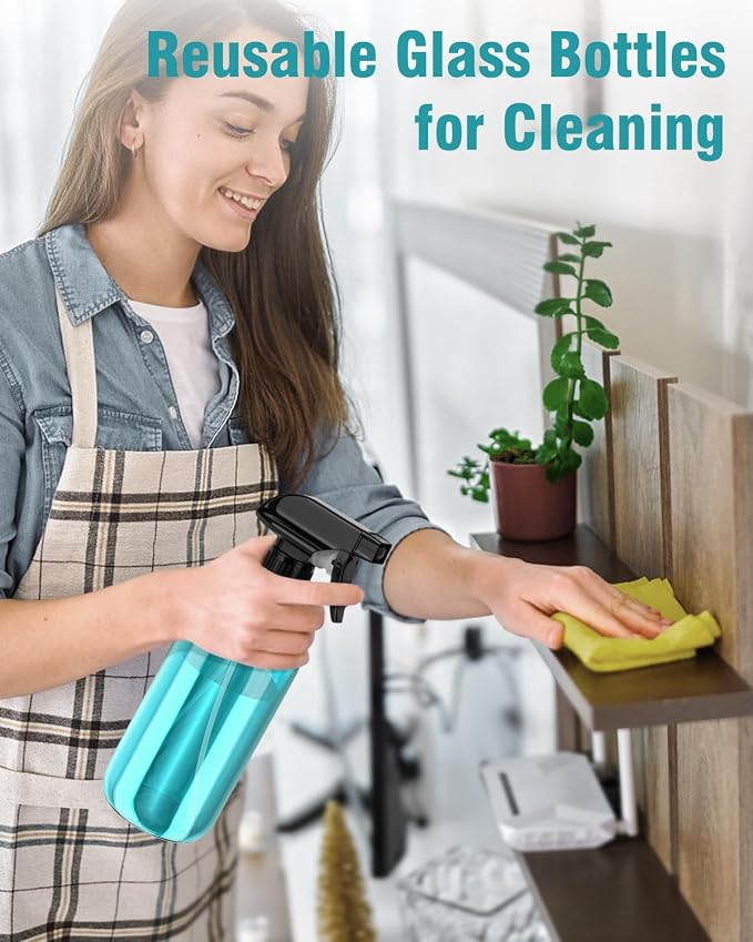 Bontip Glass Spray Bottle 16 oz for Cleaning, Plants (2 Pack, Light Blue) | 16oz refillable light blue spray bottles 2 pack, BPA-free eco glass, With label, Great for cleaners, plant misting, hair care