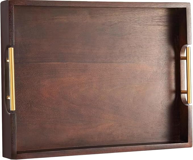 Joy&Grace Acacia Wood Ottoman Tray with Handles 16.7" x 12.8" | Large Acacia Wooden Serving Tray for Coffee Table Living Room, Breakfast in Bed, Food Dinner, Kitchen, Couch (Color Natural)