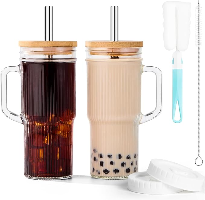 JunVpic Glass Tumbler, 24 oz Ice Coffee Cups with Bamboo Lid and Handle | Stainless steel straws and cleaning brushes, Ribbed design for iced coffee, smoothies, tea and daily drinks