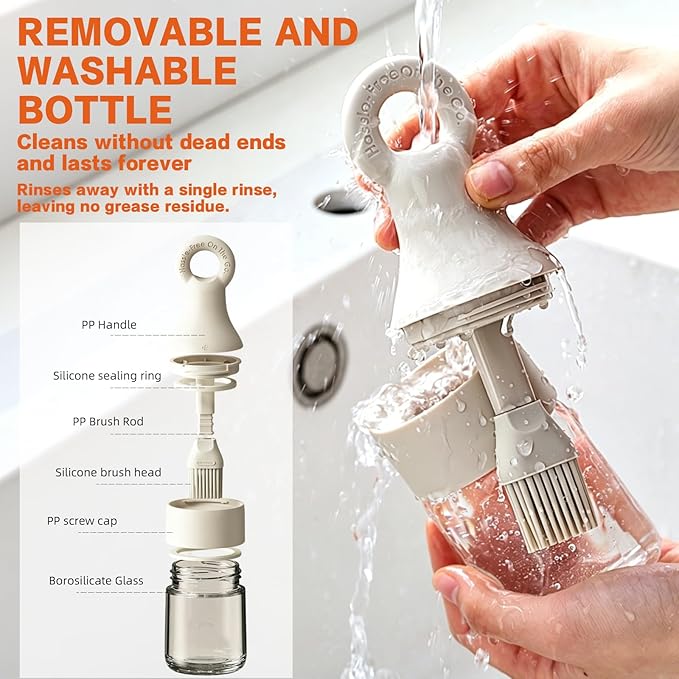 MMJ 2-in-1 Oil Dispenser with Brush, 150ml Glass Olive Oil Bottle with Silicone Basting Brush, Leak-Resistant Sauce Brush Bottle for BBQ, Baking, Grilling, Camping, White