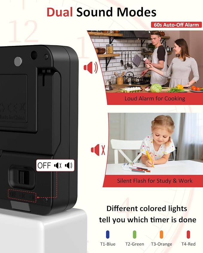 Digital Kitchen Timer with 4 Channel, Loud Alarm and Silent Mode | Magnetic Cooking Timer with Count Up & Countdown for Kids and Seniors, Large Display to Read, Auto Memory, Battery Included