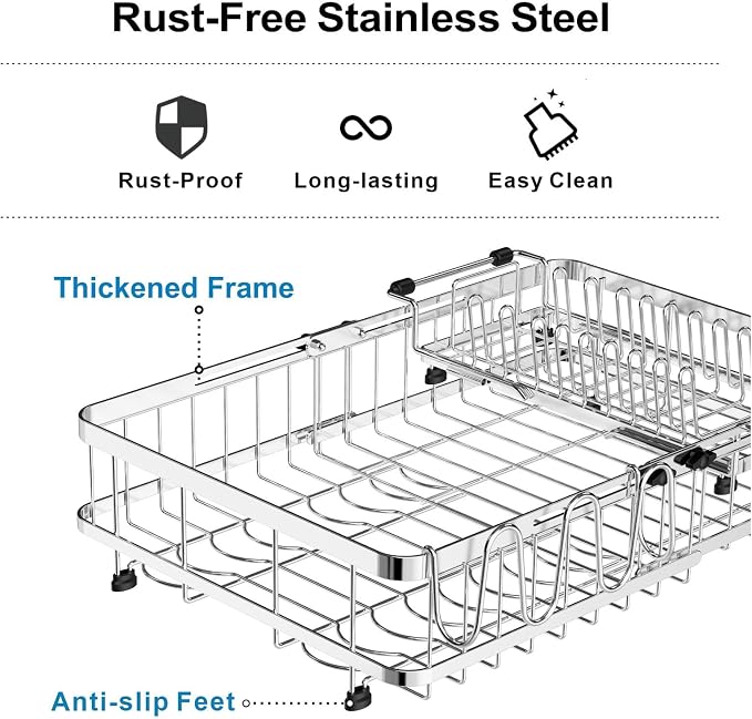 Large Capacity Dish Rack - Expandable 2-Piece Countertop Set, Silver | Expands 16.5-21.5 in, Holds Pots & Plates, Cup & Utensil Holders, Absorbent Mat, Removable Over-Sink Rack, Stainless Steel