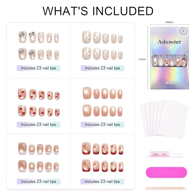 6 Packs (144 Pcs) | Reusable Press on Nails | cute nails | 6-Style Bundle | 12 Sizes | Each Style 24 Pcs | Micro Dot & Cherry
