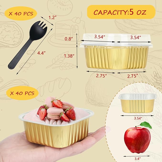LNYZQUS 5oz Mini Cake Pans with Lids and Spoons, Disposable Brownie Tins | 40 Pack, Aluminum Foil, Square Cupcake Baking Cups, Individual Dessert Containers for Kids Party, Gold