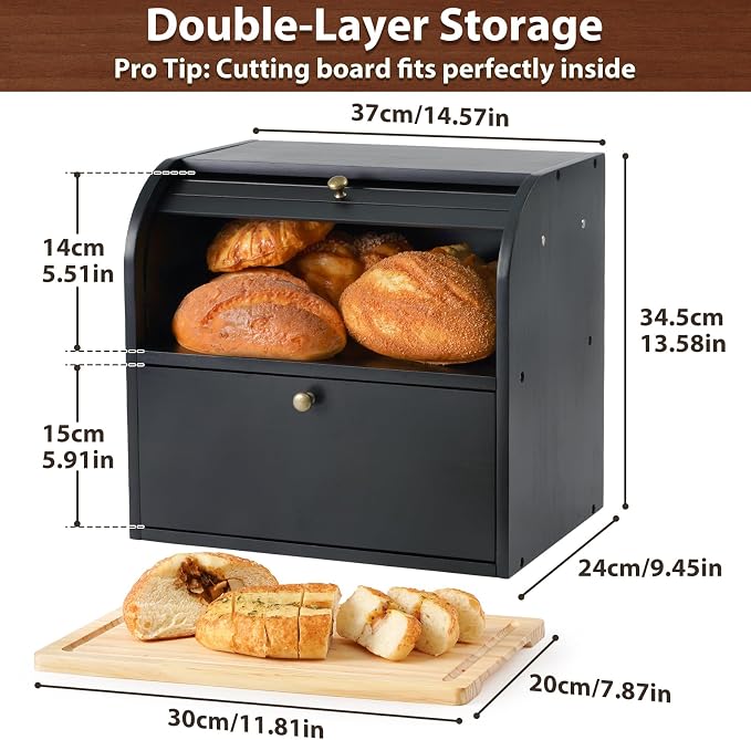 Sunhoo Wooden Bread Box for Kitchen Countertop, Roll Top Breadbox, Black | Large Double Layer Pantry Container, Solid Wood with Cutting Board, Fresh Homemade Sourdough Bin Cabinet, Vintage Farmhouse