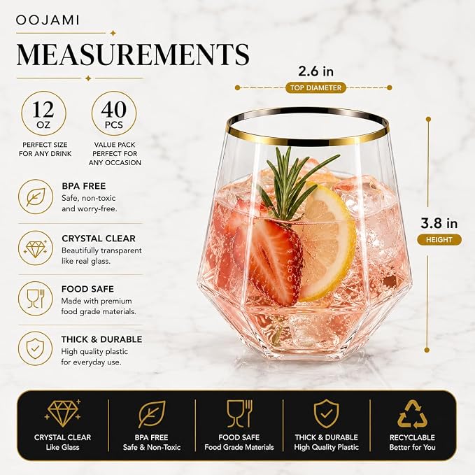 40 Pack 12 oz Disposable Plastic Wine Glasses - Diamond Gold Rim Stemless | Shatterproof BPA-Free Reusable Cocktail Whiskey Champagne Cups, Recyclable, Unbreakable for Wedding Party Birthday, Oojami