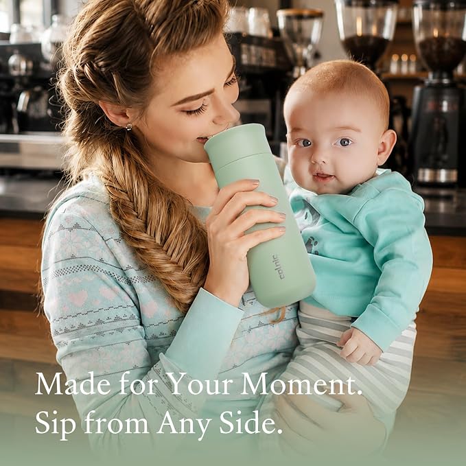 Ceramic Lined Travel Coffee Mug 360° Lid, 16 oz Insulated Coffee Tumbler | Leak Proof, Fits Cupholder, Stainless Steel Vacuum, Keep Hot and Cold, Women Gifts Cup, 360° Sip PUSH-BUTTON, Sage Green