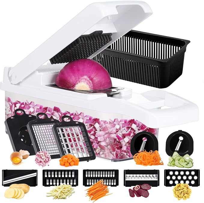 Ourokhome Vegetable Chopper Onion Cutter, 14 in 1 Professional Mandoline Slicer for Kitchen, Multifunctional Food Chopper for Potato, Tomato, Veggie with Strainer Basket, 10 Blades, Black