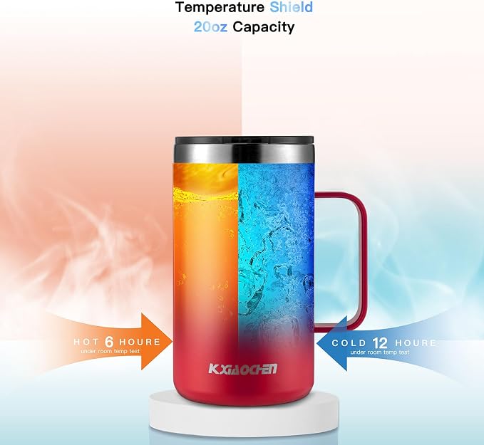 KXIAOCHEN 2-Pack 20 oz Insulated Coffee Mugs, Coffee Cups with Wide Handles | 18/8 stainless steel, sliding lids, 6+ hours hot or 12+ hours cold, wide mouth, no-sweat, for office, home, camping and gifts