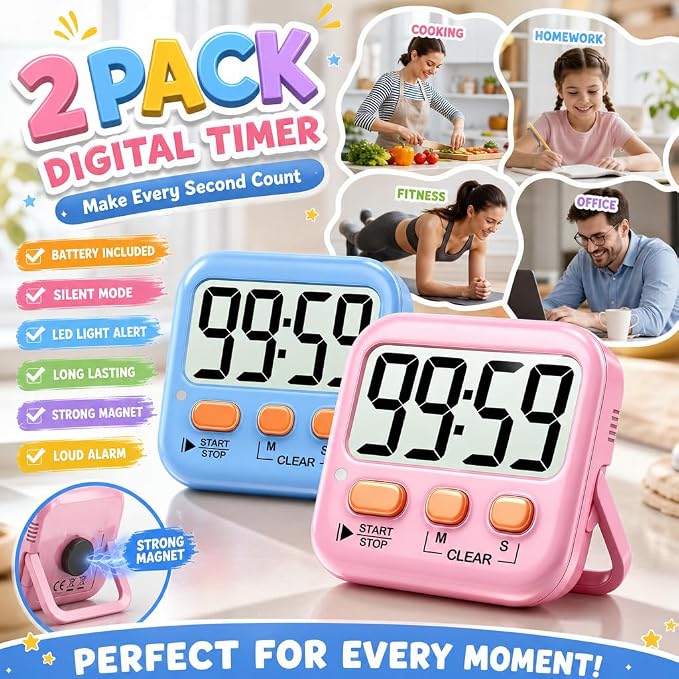 2 Pack Digital Timer for Kids Classroom Kitchen Timers for Cooking | w/ Battery, Easy to View, Alarm, Mute Mode, Count Down/Up, Magnetic, Kickstand, Hanging, Classroom Timer for Teacher Supplies