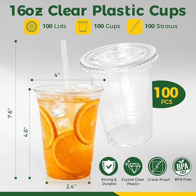 Charmount 100 Sets 16 oz Plastic Cups with Lids and Straws | Clear Disposable Cups for Dirty Soda, Iced Coffee & Smoothies, Plastic Bar Supplies for Cold Drinks