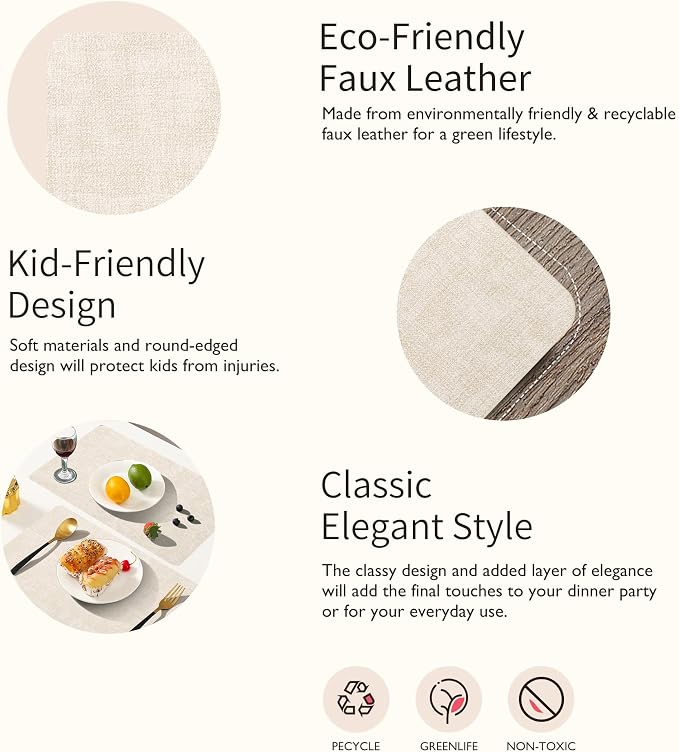 Maxpearl Faux Leather Placemats Set of 4, Easy to Clean, Beige | Waterproof - Heat Resistant - Non Slip - Wipe Clean Dining Table Place Mats, Suitable for Indoor & Outdoor Use, 17''×12''