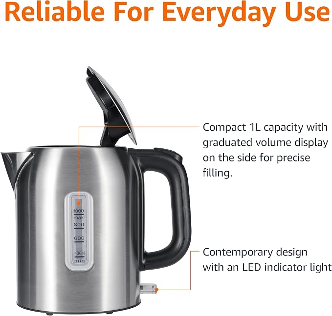 Amazon Basics Electric Kettle, Tea Kettle & Water Boiler with Auto Shut-Off, Boil Dry Protection, Strix Thermostat, BPA-Free, 1500W, 1.1Qt (1L), Stainless Steel, New Model, Black & Silver