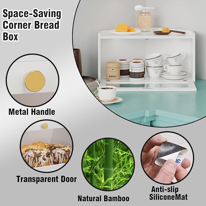 Trironsun Corner Bamboo Bread Box for Kitchen Counter Large Rustic Bread Storage Container with Acrylic Door Space-Saving Vintage Bread Keeper for Homemade Bread (White)