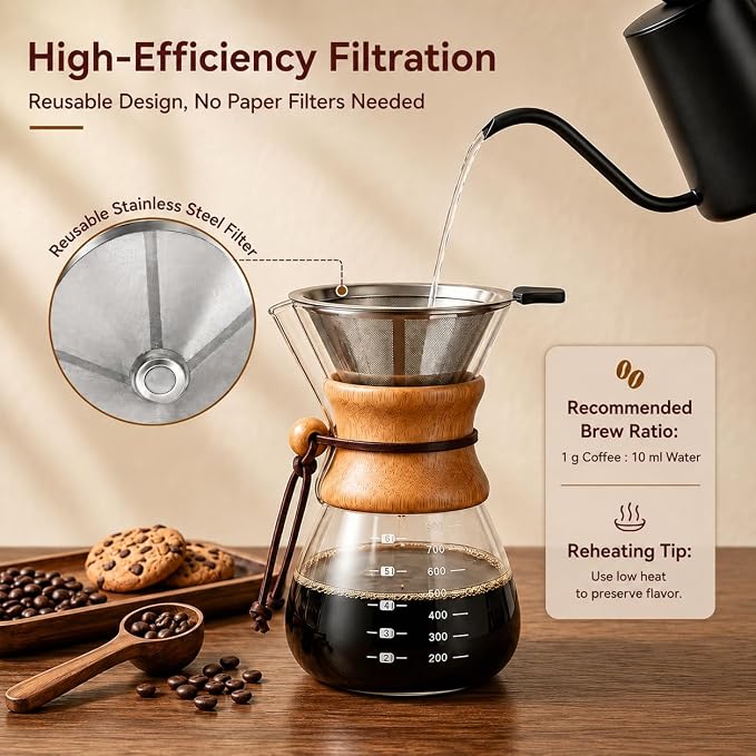 27oz Borosilicate Glass Pour Over Coffee Maker Non Toxic Plastic Free Coffee Maker Home Drip Coffee Maker Coffee Dripper Brewer with Reusable Stainless Steel Filter And Cork Grip