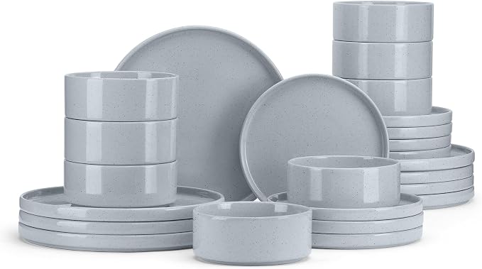 E-far Dinnerware Sets for 8, 24-Piece Stoneware Plates and Bowls Set, Gray | Modern Kitchen Dining Dishware, Chip and Scratch Resistant, Microwave & Dishwasher Safe, Speckled Gray