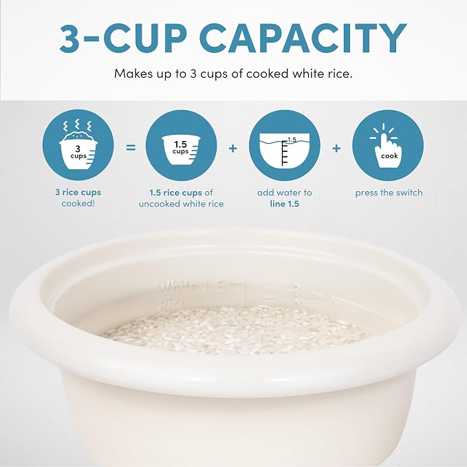 AROMA CoreCoat™ Mini Rice Cooker (3 Cups Cooked) with Nonstick Ceramic Pot Coating, Glass Lid, and Pop-Up Steamer Tray, 0.8 Quart