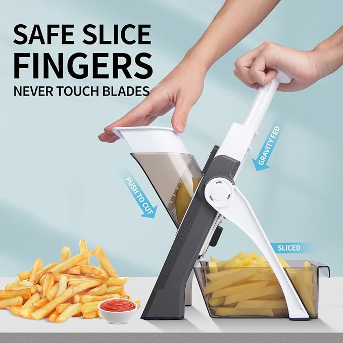 QYKIC Safe Mandoline Slicer,Vegetable Potato Slice Food Cutter for Kitchen,Thickness Adjustable Upright Veggie Chopper for Fast Meal prep (Gray) | Stainless Steel Blades,Potato Vegetables Slicer French Fry Cutter ,Julienne Dicer,with food Container,Dis...