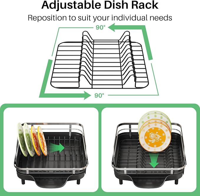 SAYZH Expandable Dish Drying Rack for Small Kitchen Counter, Black | Stainless Steel, Protective Guardrail, Angled Drainboard, Fits High-Rim Sinks, Removable Utensil Holder