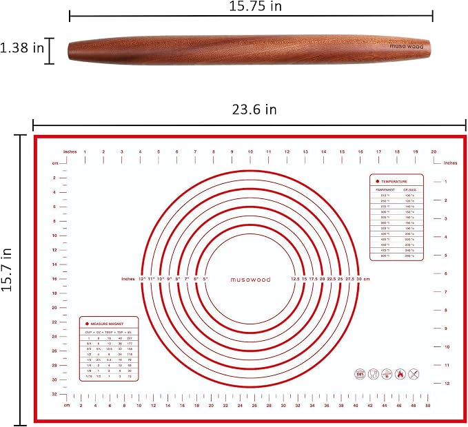 muso wood French Rolling Pin and Silicone Baking Mat Set | Sapele Wooden Rolling Pin 15.75 Inch and Tapered Roller for Fondant, Pie Crust, Cookie, Pastry