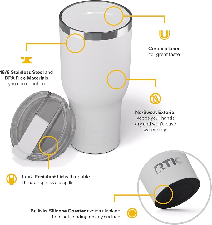 RTIC 40oz Essential Tumbler with Lid, Ceramic Lined, White | Insulated, Stainless Steel Metal, Portable Travel Cup for Hot and Cold Drinks, Coffee, Car, Camping and Travel