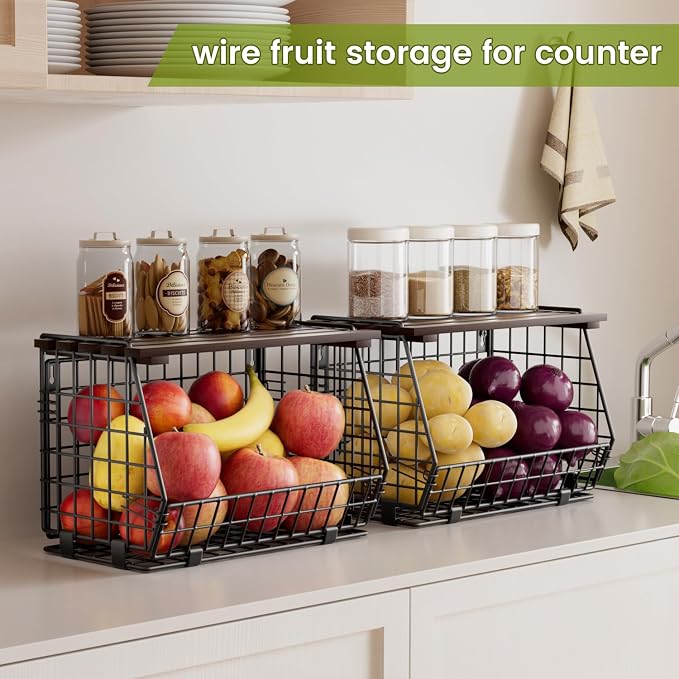 Hanging Fruit Basket for Kitchen, 3 Pack Vegetable Produce Basket | Wall Mounted & Countertop Wire Storage Basket for Potato Onion Fruits Vegetables, Pantry Organizers Storage