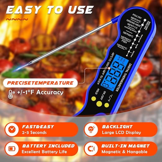 TRAUSI Instant Read Meat Thermometer, Fast & Accurate Digital Food Thermometer with Backlight, Waterproof & Magnet for Grilling, Cooking, BBQ, Smoker, Baking, and Candy Making Blue