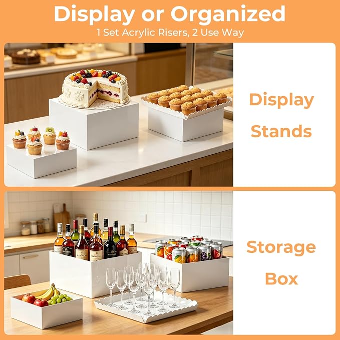 Acrylic Buffet Risers, 4 PCS White Large Food Display Stands for Party Table, Display Risers Cube Box with Hollow Bottom for Dessert Catering Party Supply, Square Scalloped Acrylic Serving Tray for Cupcake