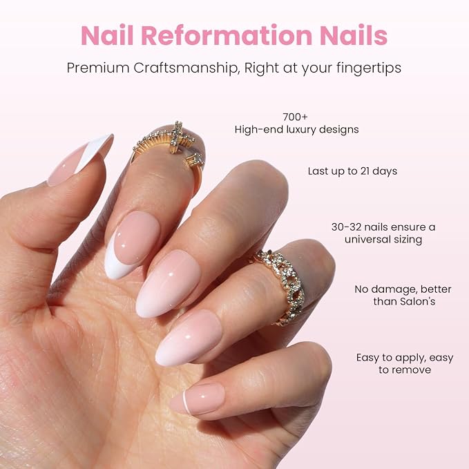 Nail Reformation Press On Nails, Cream Top | Milky Nude Short Almond | Fake Nails with Cream French Tip, Glossy Reusable Stick On Nails Kit - 32 Pcs in 16 Sizes with Glue, Manicure Gifts for Women