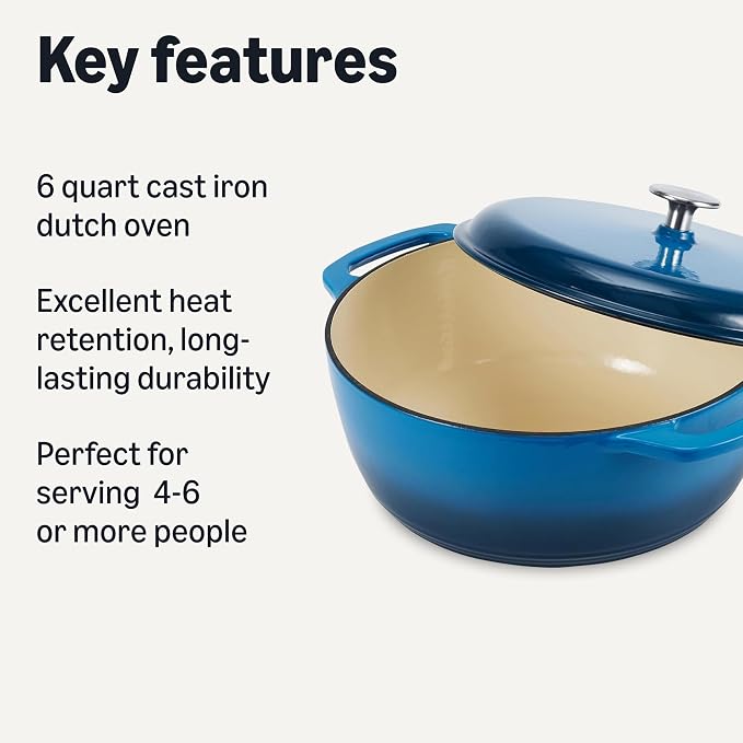 Amazon Basics Enameled Cast Iron Dutch Oven Pot with Lid, Round, Dual Handles, Heavy-Duty, Oven Safe for Stews, Roasting, Baking, 6-Quart, Blue