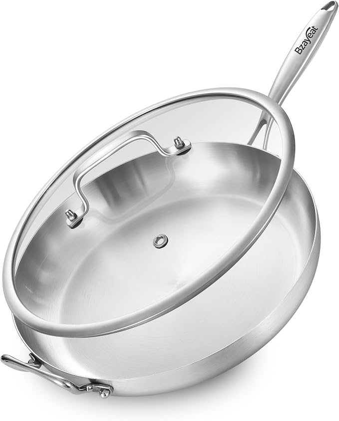 14-Inch Tri-Ply Stainless Steel Frying Pan with Lid | Large Size | Detachable Handle | Induction Compatible | Oven & Dishwasher Safe | Ideal for Frying, Sautéing & Simmering | Serves for 4-8