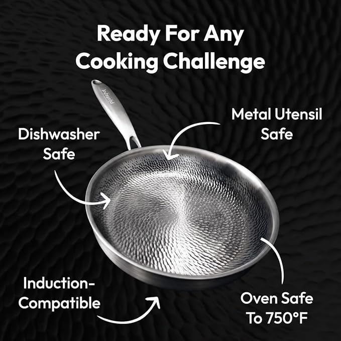 Plateful Titanium Pans For Cooking 12 Inch, No Coating Nonstick, with Lid | Pure uncoated titanium frying pan, surface sears to 750F, PFOA/PFAS/PTFE Free skillets, works on induction and all cooktops.