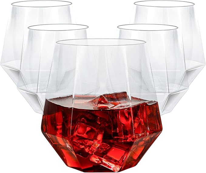 Goodluck 80 PCS 12oz Diamond Stemless Clear Plastic Wine Whiskey Glasses | Disposable Cocktail Glasses, Suitable for Weddings, Birthday Parties, Family Gatherings, Bars, etc