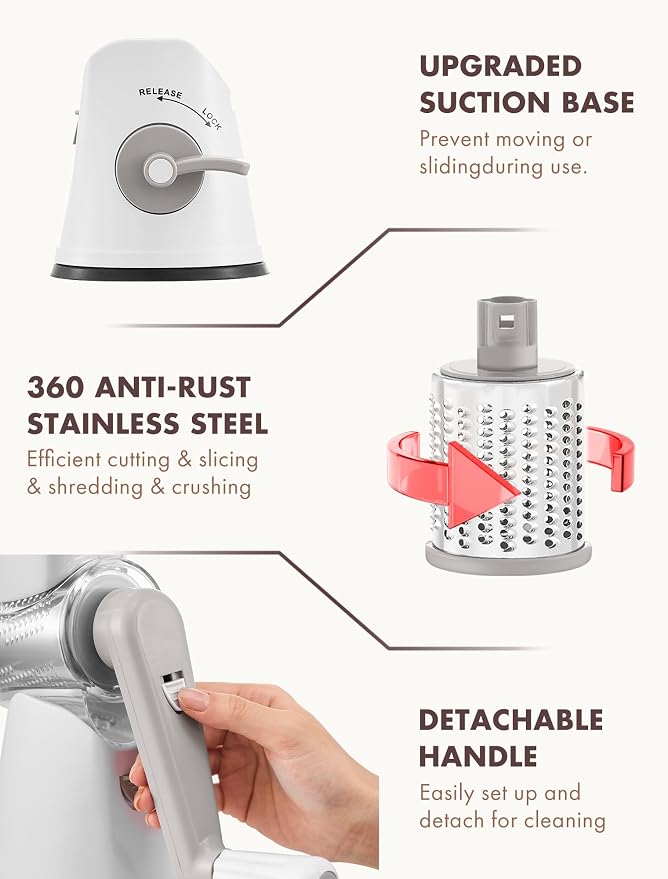 GDL Cheese Grater Hand Crank, Rotary Cheese shredder, Vegetable Slicer | 5 Stainless Steel Blades, 12x Fast Cutting, Non-slip Suction Base, No BPA, Dishwasher Safe, Easy Use for Cheese, Veggies, Nut