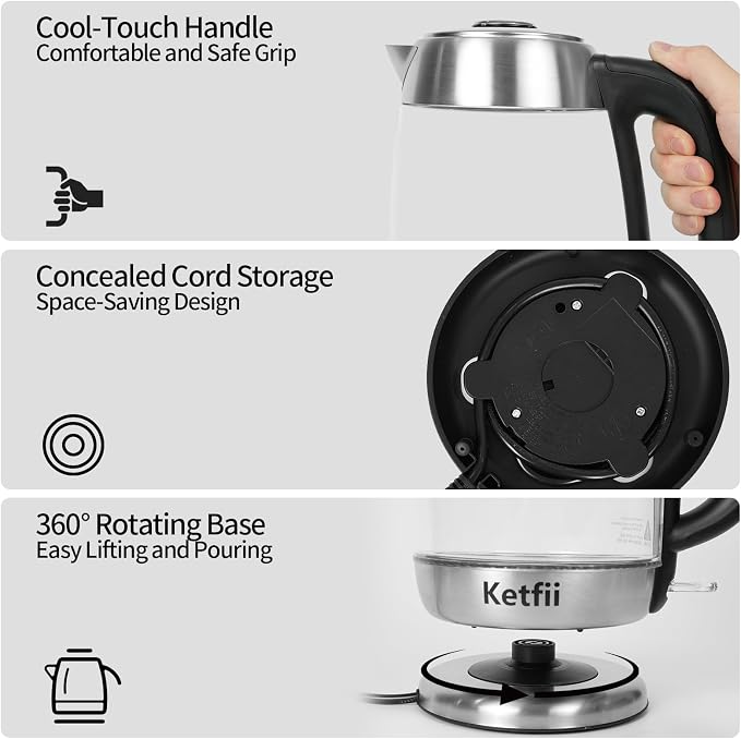 Electric Kettle 1.8 L, Stainless Steel & Glass, No Plastic, Fast Boiling | Coffee Tea Hot Water Boiler 1200W, Auto Shut Off, Boil-Dry Protection, BPA-Free, Borosilicate Glass, Removable Lid, LED Light
