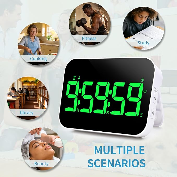 Digital Timer for Classroom, Pomodoro & Kitchen, Rechargeable Magnetic Countdown Timer with Large LED Display, Loud Alarm, 3 Volume Levels, Vibration Mode & 3 Brightness Settings