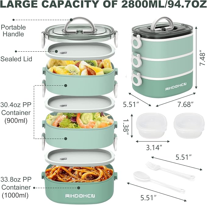 RIKDOKEN Lunch Box, Stackable 3 Layers Containers, Portable 94OZ Large Capacity Leakproof Bento Box with Spoon & Fork & Sauce Boxes, Microwave Safe Lunch Box for Kids and Adults