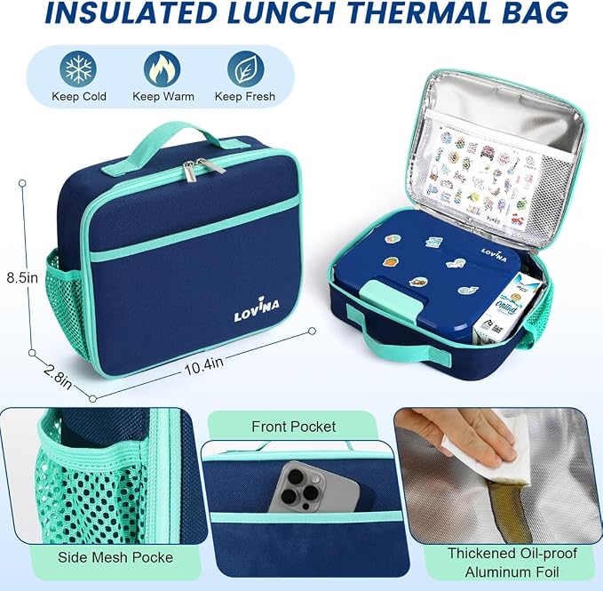 Bento Lunch Box Set For Kids Adult With Thermo Bag, BPA-Free, Leak-proof | 36 OZ Durable, All-In-One Lunch Box Kids Kit With DIY Stickers Sauce Cup, Dishwasher Safe(Blue)