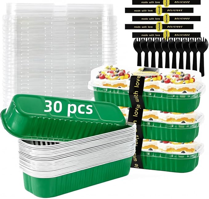 30 Pack 6.8oz Christmas Green Disposable Rectangular Aluminum Foil Mini Loaf Pans with Lids,Mini Cake Pans for Baking, Loaf Baking Pans, Small Individual Containerfor for Patrick’s Day Party Picnics