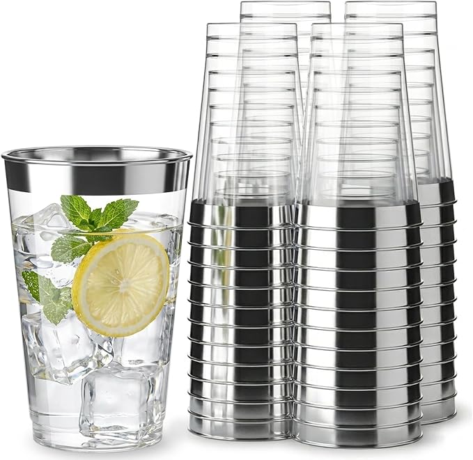 Byvivace 200 Pack 12oz Silver Plastic Cups with Rimmed Edges - Disposable, Recyclable, BPA Free, Food Safe, Modern Style, Perfect for Parties, Weddings, Birthdays, Festivals, 12oz Capacity Each
