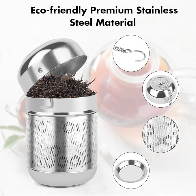 Tea Infuser for Loose Leaf Tea, Extra Fine Mesh Tea Strainers, 304 Stainless Steel & Updated Slim Threaded Lid, Loose Leaf Tea Steeper for Brew Tea, Spices, Rooibos, 2 Pcs, Sliver